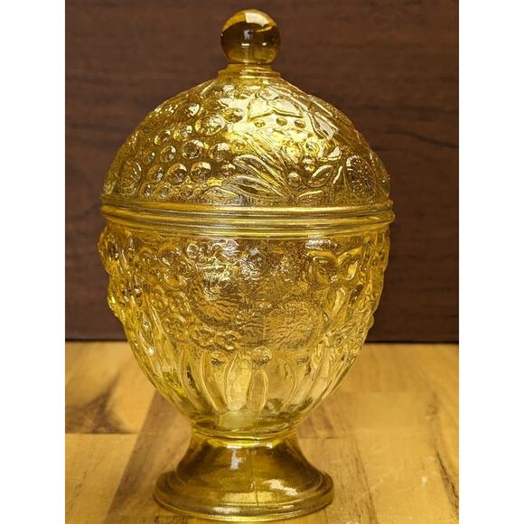 Vtg Avon 60s Glass Candy Trinket Dish Footed Floral Molded Glass Yellow Citron - Picture 11 of 16